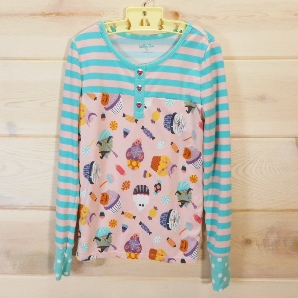 Matilda Jane Girls Sz 10 Halloween Cupcake Shirt Long-sleeved Striped Pink Blue